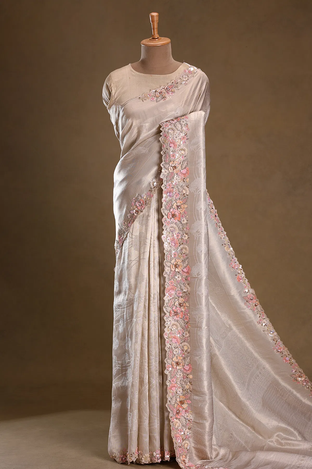 Off white sequins embroidered tissue designer saree